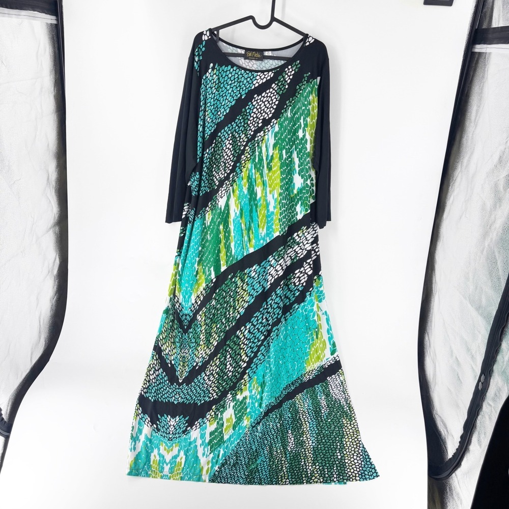Bob Mackie Wearable Art Maxi Dress XL Green Turquoise Black Print